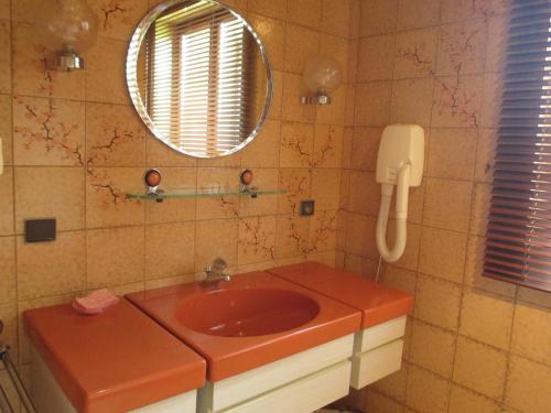 ein Badezimmer mit einem roten Waschbecken und einem Telefon in der Unterkunft Gite Chez Jean in Saint-Hippolyte