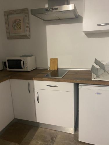 a kitchen with a counter with a sink and a microwave at Apartamentos del Casco in Toledo