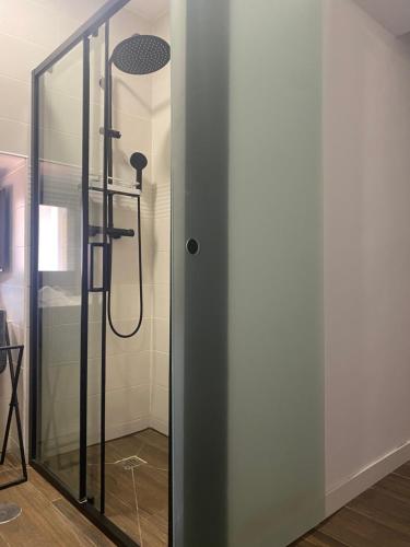 un bagno con doccia e porta in vetro di Apartamentos del Casco a Toledo