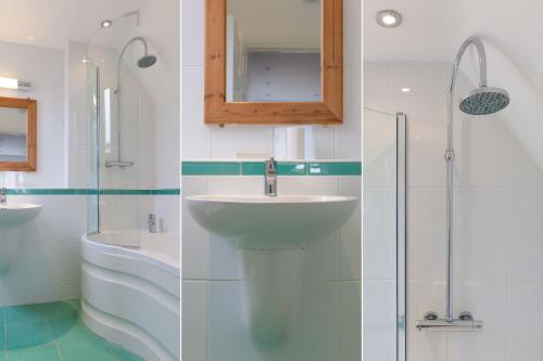 two pictures of a bathroom with a sink and a shower at Trevail Penthouse in St Ives