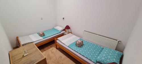 two beds in a room with a cat sitting on them at MatyiLak in Tîrgu Secuiesc