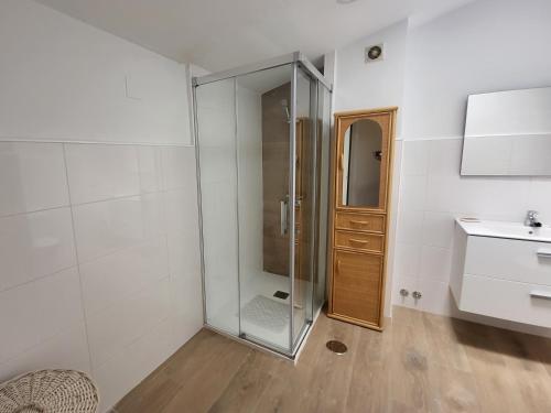 a bathroom with a glass shower and a sink at La Casa Alegre in Alicante