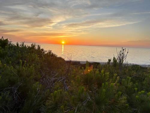 a sunset on the beach with the ocean in the background at Sardinian Seaside Retreats in Badesi