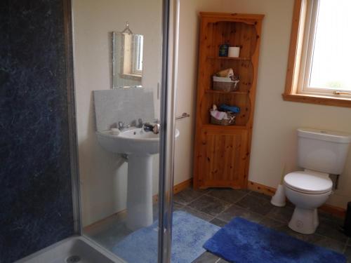 a bathroom with a shower and a sink and a toilet at Loneacre in Wick