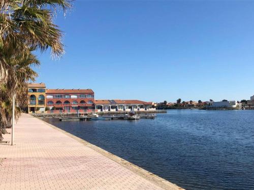 un plan d'eau avec des bâtiments et un palmier dans l'établissement Charmant T1 Barcarès Soleil Bleu, au Barcarès