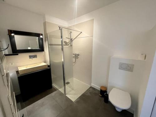 y baño con ducha, aseo y lavamanos. en Superbe loft lumineux à Caen, en Caen
