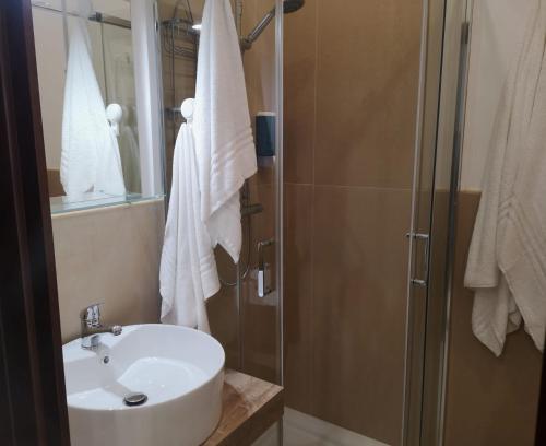 a bathroom with a sink and a shower at Tulla's in Giardini Naxos