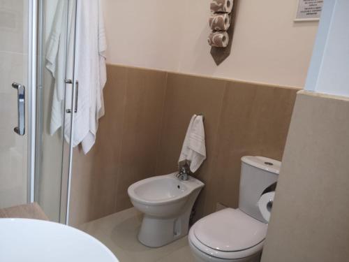 a small bathroom with a toilet and a shower at Tulla's in Giardini Naxos
