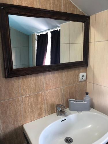 a bathroom with a sink and a mirror at Legend Room in Pucioasa