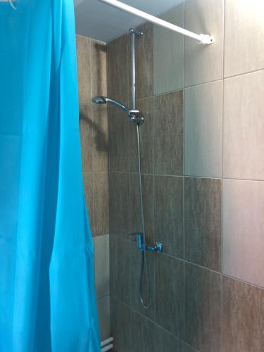 a shower with a blue shower curtain in a bathroom at Legend Room in Pucioasa