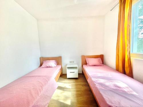 two twin beds in a room with a window at Talia Apartments in Budva
