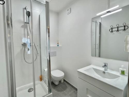 een badkamer met een douche, een toilet en een wastafel bij Hermès - Reims en grand in Reims