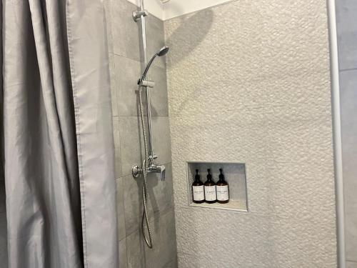 a shower with two bottles of wine in a bathroom at Apartman Mara in Mala Subotica