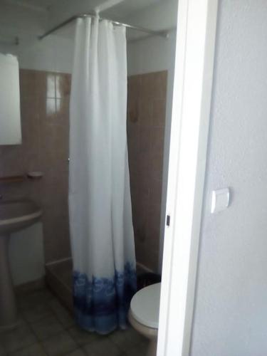 une salle de bain avec toilettes et rideau de douche dans l'établissement Les Iris , mazet 48, à Saint-Martin-de-Brômes