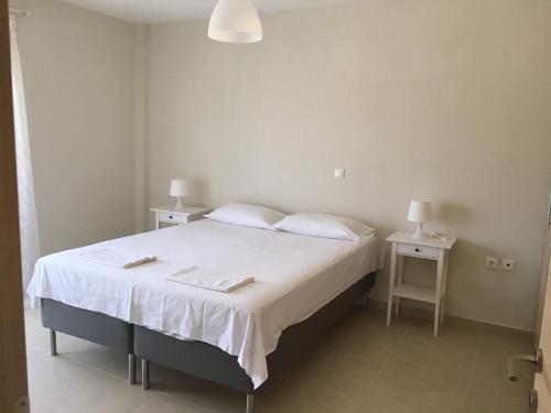 ein Schlafzimmer mit einem großen Bett mit zwei Nachttischen in der Unterkunft Spacious Apartment Skala Fourkas in Skála Foúrkas