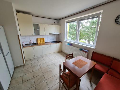een kleine keuken met een tafel en een tafel en stoelen bij NIKA beds in Pardubice