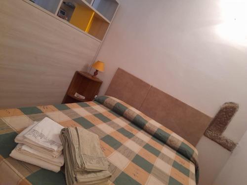 um quarto com uma cama com colcha xadrez em AFFITTACAMERE SANT'ANGELO em Abbadia San Salvatore
