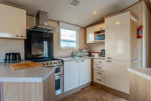 a kitchen with white appliances and a large window at Pass the Keys Wilksworth - Lovely 2 bedroom caravan in a perfect location in Wimborne Minster