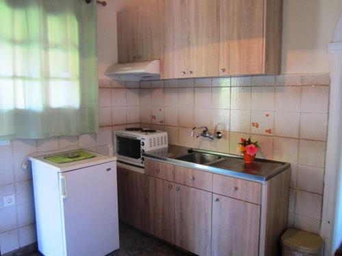 a small kitchen with a sink and a refrigerator at Varvara Studios & Apartments I in Peroulades