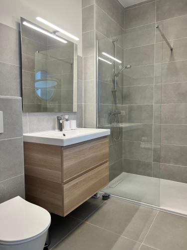 une salle de bain avec une douche, un lavabo et des toilettes dans l'établissement Coté Jardin est un spacieux et lumineux T3, entièrement rénové, à 2 pas de l'Hérault et à 10min du bord de mer Proche du centre historique et du fabuleux château Laurens, vous apprécierez le calme de sa belle terrasse et la vue superbe sur le jardin, à Agde