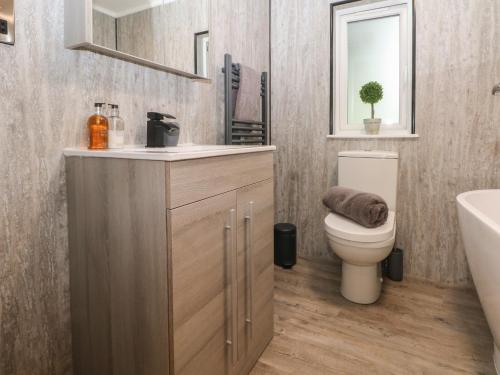 a bathroom with a toilet and a sink and a mirror at Ruperts Retreat in Preston
