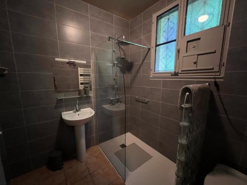 a bathroom with a sink and a shower and a toilet at Les Trois Fenêtres in Beauficel