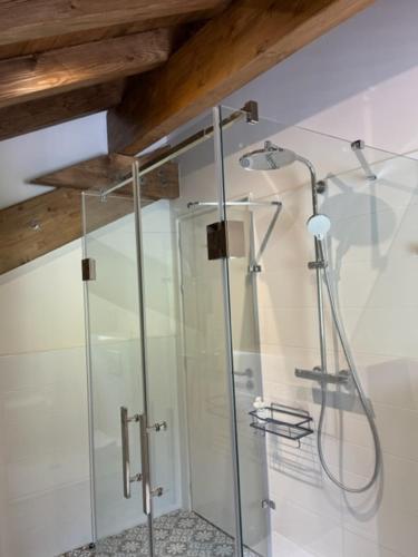 W łazience znajduje się prysznic ze szklaną kabiną prysznicową. w obiekcie Luxurious new villa in the Alpes with sauna and jacuzzi w mieście Bellevaux