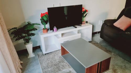 a living room with a tv on a white entertainment center at Diamond in Kileleshwa Othaya Rd in Nairobi