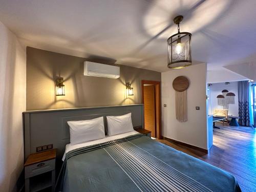 ボズジャ島にあるOikos Bozcaadaのベッドルーム1室(大型ベッド1台、青い毛布付)