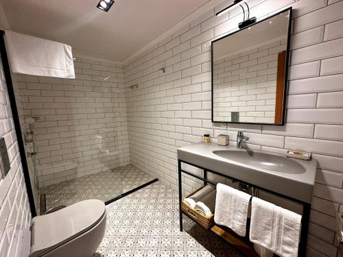 ボズジャ島にあるOikos Bozcaadaのバスルーム(洗面台、トイレ、鏡付)
