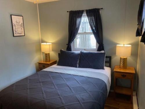 - une chambre avec un lit doté d'oreillers bleus et d'une fenêtre dans l'établissement Wally's Cabin, à Hawley
