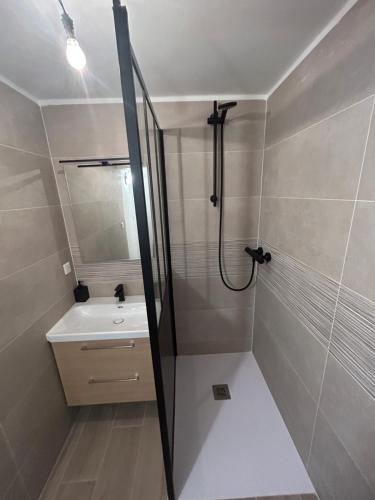 un baño con ducha y lavabo en Appartement cosy au cœur de Sète avec balcon détente, en Sète
