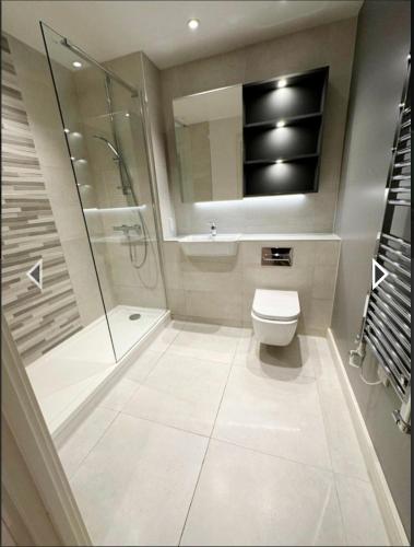W łazience znajduje się toaleta i przeszklony prysznic. w obiekcie Studio flat greenleaf walk w mieście Southall