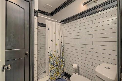 a bathroom with a toilet and a shower curtain at King Bed Bungalow Just Feet from Historic Main Street in Blue Ridge