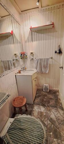 ein kleines Bad mit einem Waschbecken und einer Dusche in der Unterkunft Casa al lado del Casino in Coihaique
