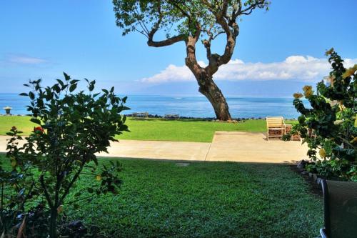 Elle offre une vue sur un parc arboré et l'océan. dans l'établissement Kahana Reef #116, à Kahana
