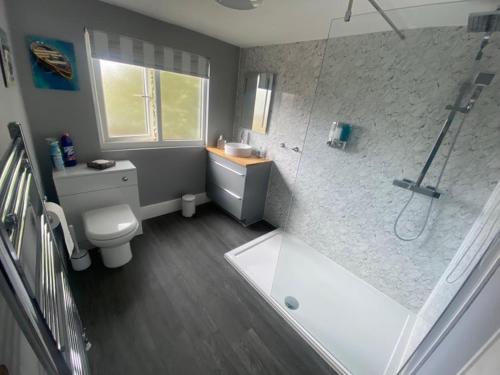 a bathroom with a shower and a tub and a toilet at New Forest View in Beaulieu
