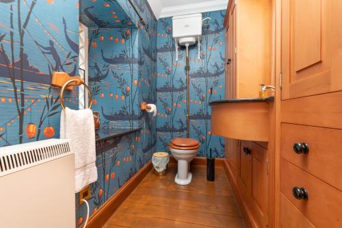a bathroom with a toilet and a blue wall at The Polchar - Aviemore in Aviemore