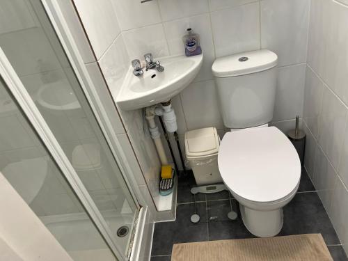 ein kleines Bad mit WC und Waschbecken in der Unterkunft Luxury 1Bed Holiday Flat-10 Minutes from London Bridge & 3Mins walk to Lewisham DLR in London