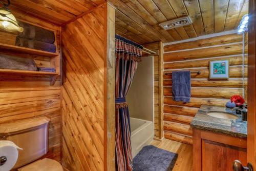 un bagno in stile baita di tronchi con lavandino e vasca di 218 Buttress Ave a Pagosa Springs