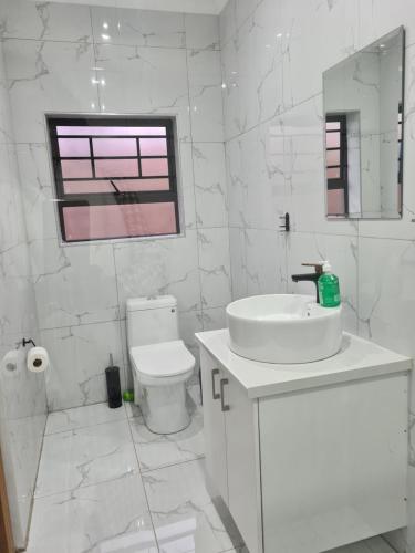 ein weißes Bad mit einem Waschbecken und einem WC in der Unterkunft Maison Akiba in Pretoria