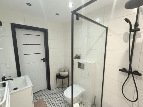a bathroom with a toilet and a glass shower door at Pokoje Gościnne - Jagodzianka in Starogard Gdański