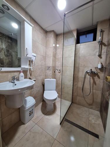 a bathroom with a shower and a toilet and a sink at Apartments Chemenko in Konsko