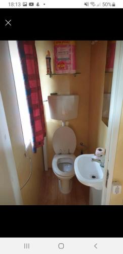a small bathroom with a toilet and a sink at Mobile home dans camping frejus in Fréjus