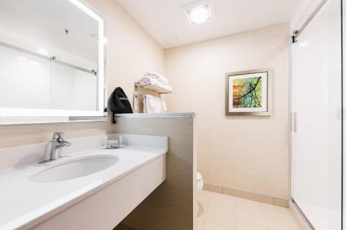 a bathroom with a sink and a shower at Fairfield Inn & Suites by Marriott Edmonton North in Edmonton