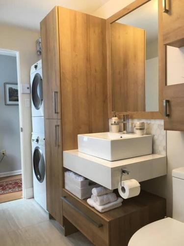 a bathroom with a sink and a toilet and a mirror at Floral'Anse in LʼAnse-Saint-Jean