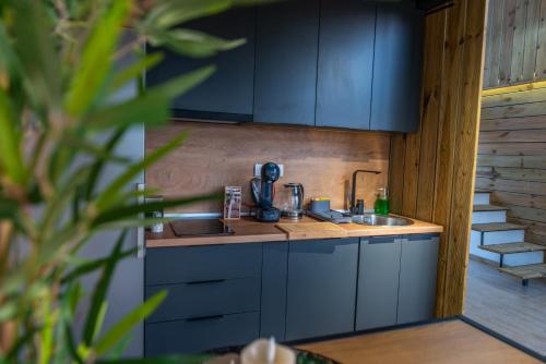 a kitchen with blue cabinets and a sink at Salinas Nest - Ulcinj Stoj Ada Bojana in Ulcinj