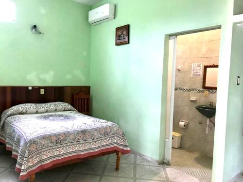 ein Schlafzimmer mit einem Bett und ein Badezimmer mit einem Waschbecken in der Unterkunft Hotel Cosoleacaque Centro in Cosoleacaque