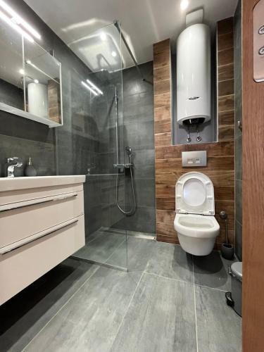 a bathroom with a shower and a toilet and a sink at MONGOOSE in Herceg-Novi