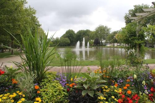 un jardin avec une fontaine et des fleurs en face d'un étang dans l'établissement Studio en centre ville climatisé, à Lamotte-Beuvron